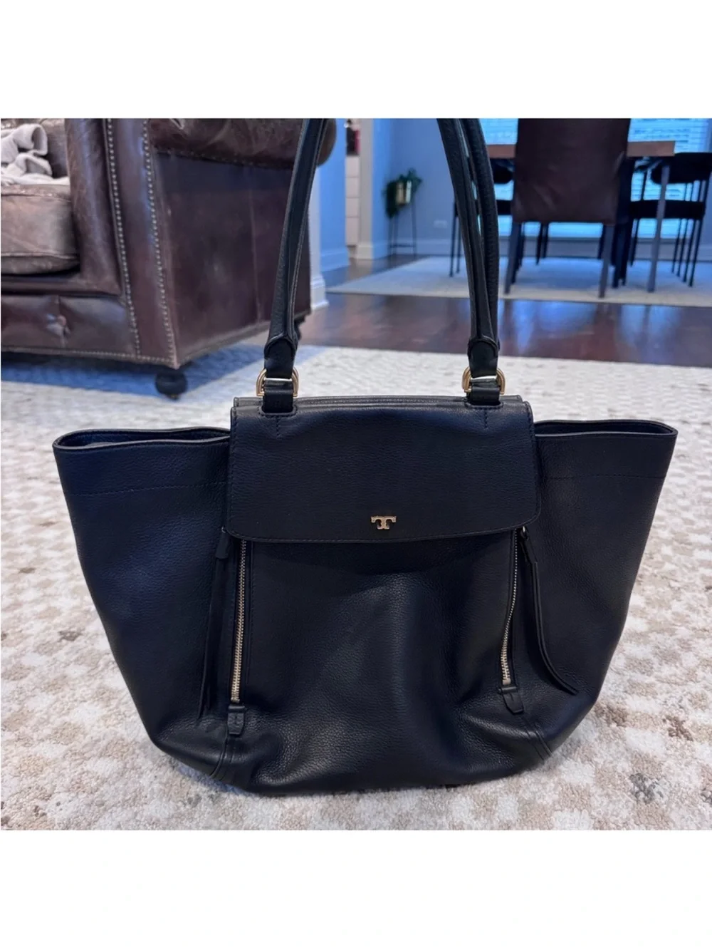 Tory Burch Black half moon Leather satchel tote Bag with Gold Hardware Brand New